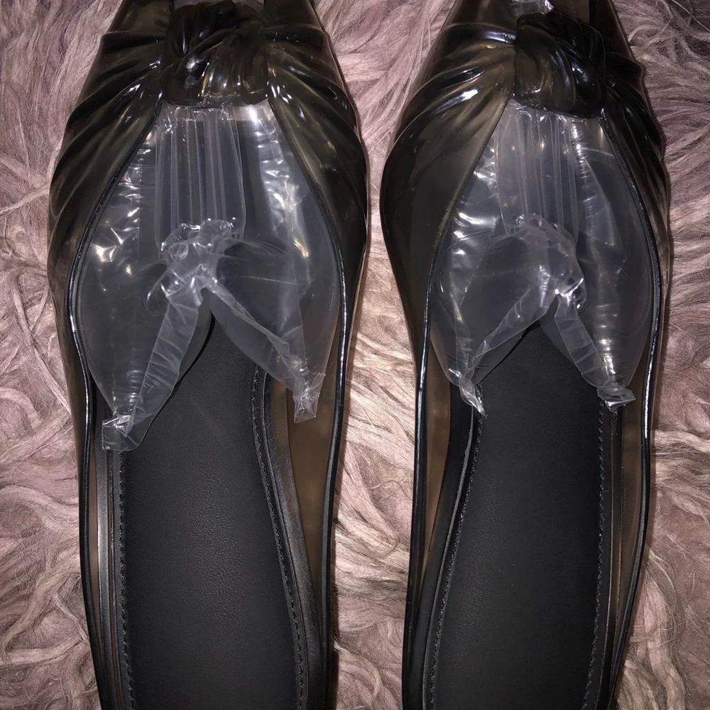 Jelly Black Puff Knot Pointed Toe Kitten Heels  (Transparent Black)